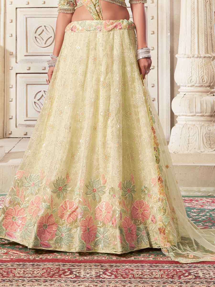 Light Yellow Premium Net Embroidered Reception Party Wear Heavy Border Lehenga Choli