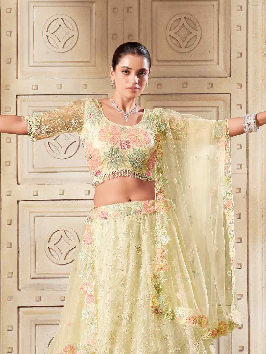 Light Yellow Premium Net Embroidered Reception Party Wear Heavy Border Lehenga Choli