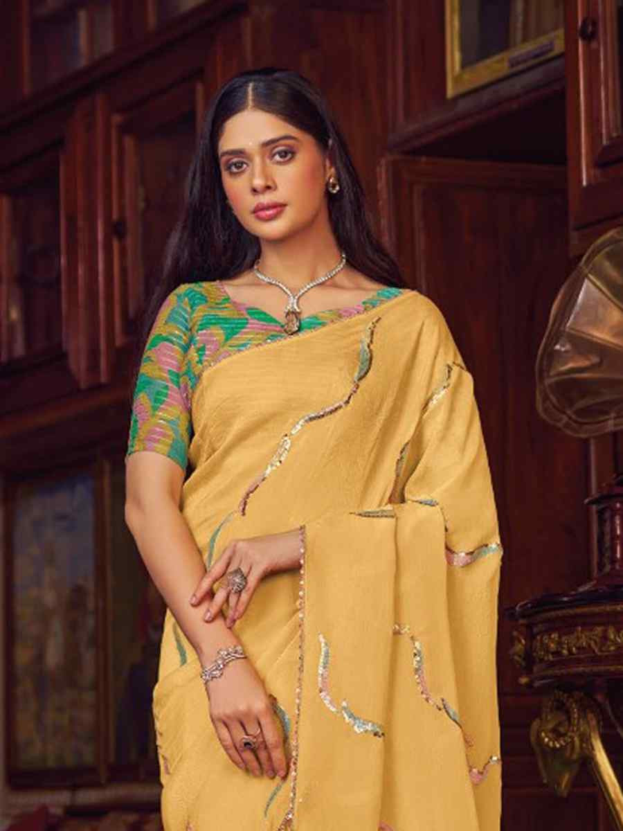 Light Yellow Shimmer Chiffon Handwoven Festival Wedding Heavy Border Saree