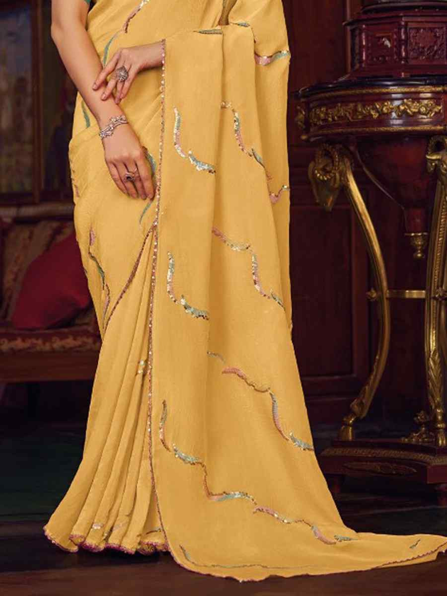 Light Yellow Shimmer Chiffon Handwoven Festival Wedding Heavy Border Saree