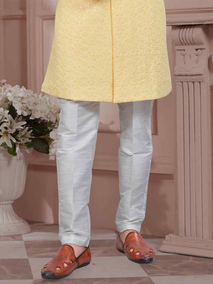 Light Yellow Silk Dupion Embroidered Festival Wedding Sherwani