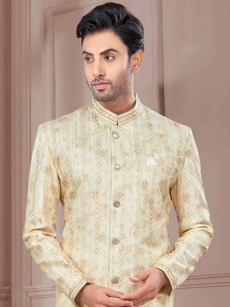 Light Yellow Silk Dupion Embroidered Festival Wedding Sherwani