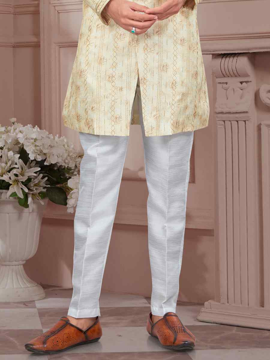 Light Yellow Silk Dupion Embroidered Festival Wedding Sherwani