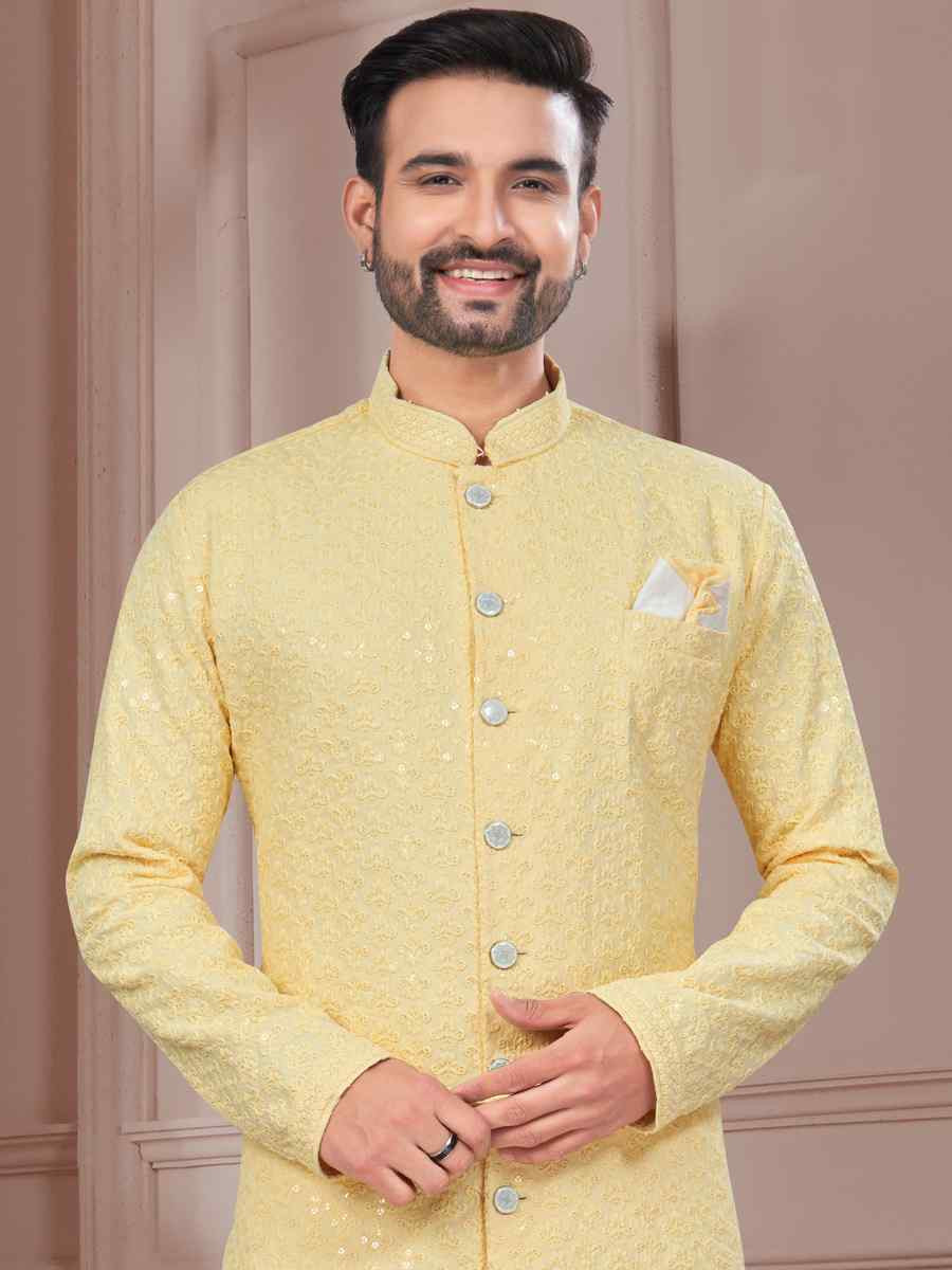 Light Yellow Silk Dupion Embroidered Festival Wedding Sherwani