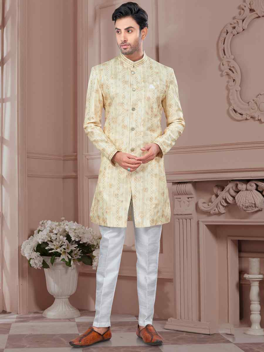 Light Yellow Silk Dupion Embroidered Festival Wedding Sherwani