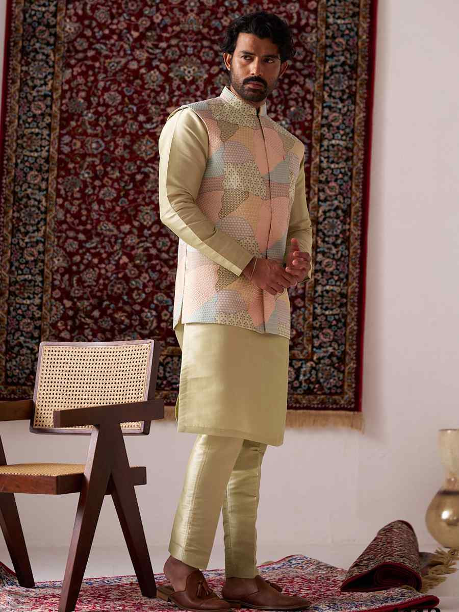 Light Yellow Silk Embroidered Party Wedding Kurta