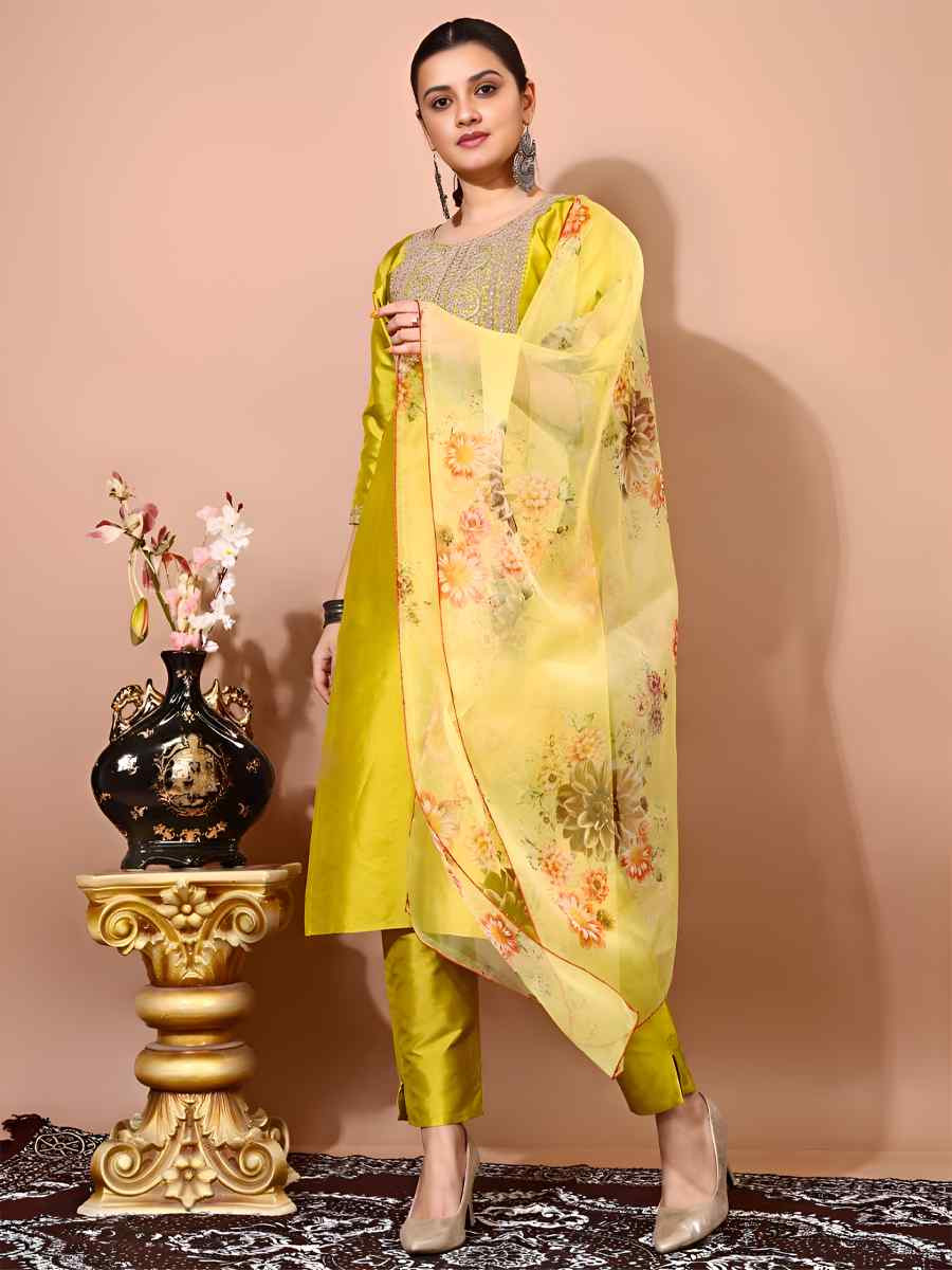 Light Yellow Taffeta Silk Embroidered Festival Casual Pant Ready Salwar Kameez