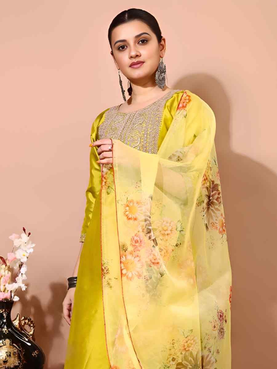 Light Yellow Taffeta Silk Embroidered Festival Casual Pant Ready Salwar Kameez