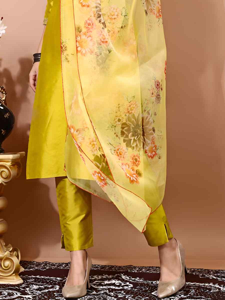 Light Yellow Taffeta Silk Embroidered Festival Casual Pant Ready Salwar Kameez