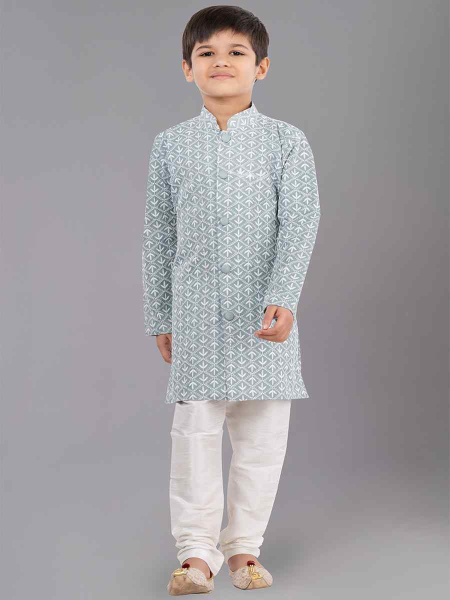 Lime Green Cotton Silk Embroidered Festival Traditional Kurta Pyjama Boys Wear