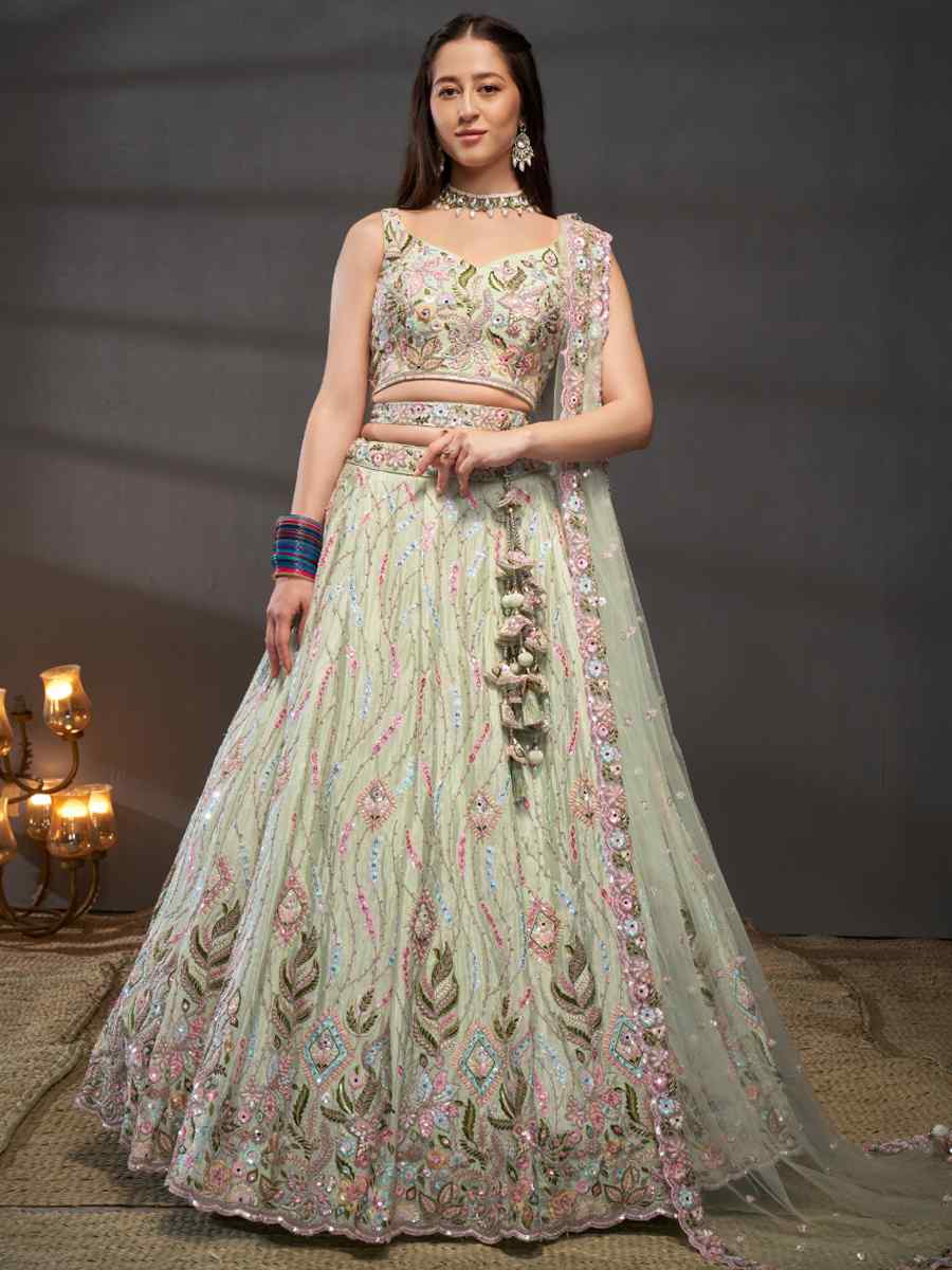 Lime Green Poly Chiffon Embroidered Bridal Wedding Heavy Border Lehenga Choli