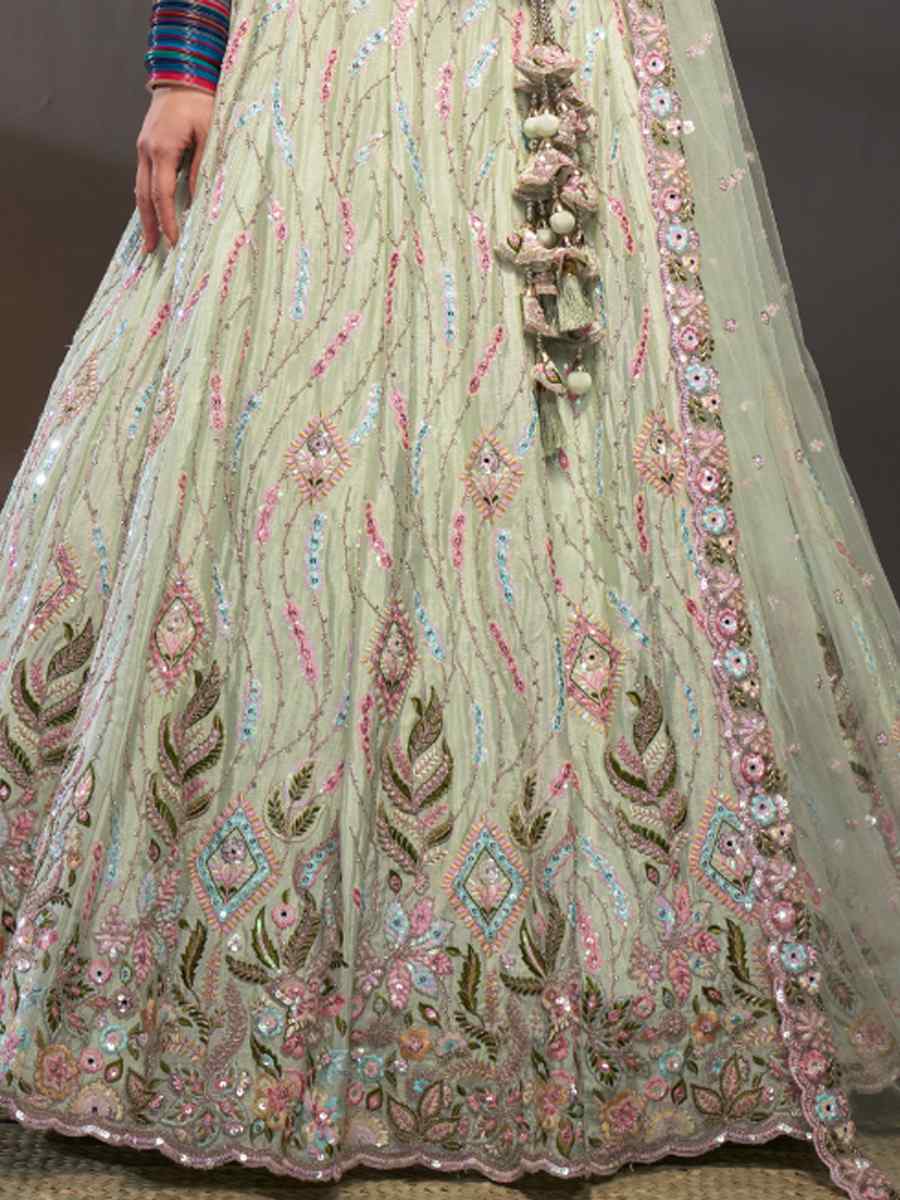 Lime Green Poly Chiffon Embroidered Bridal Wedding Heavy Border Lehenga Choli