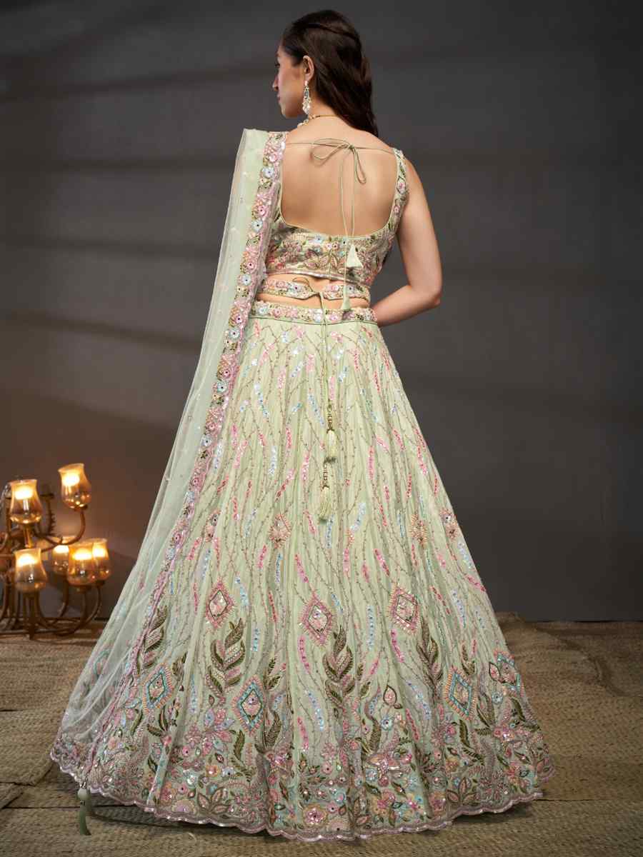 Lime Green Poly Chiffon Embroidered Bridal Wedding Heavy Border Lehenga Choli