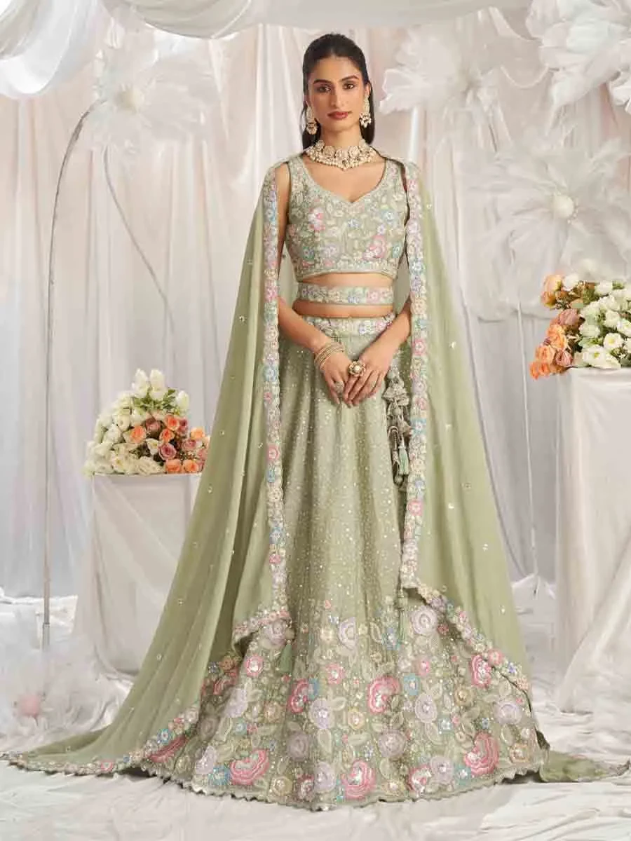 Lime Green Poly Chiffon Embroidered Wedding Bridesmaid Heavy Border Lehenga Choli