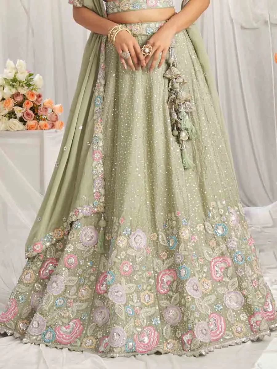 Lime Green Poly Chiffon Embroidered Wedding Bridesmaid Heavy Border Lehenga Choli