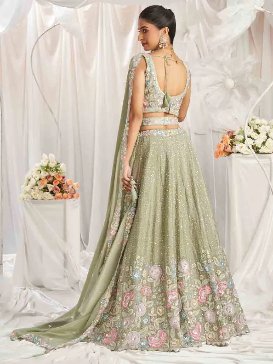 Lime Green Poly Chiffon Embroidered Wedding Bridesmaid Heavy Border Lehenga Choli