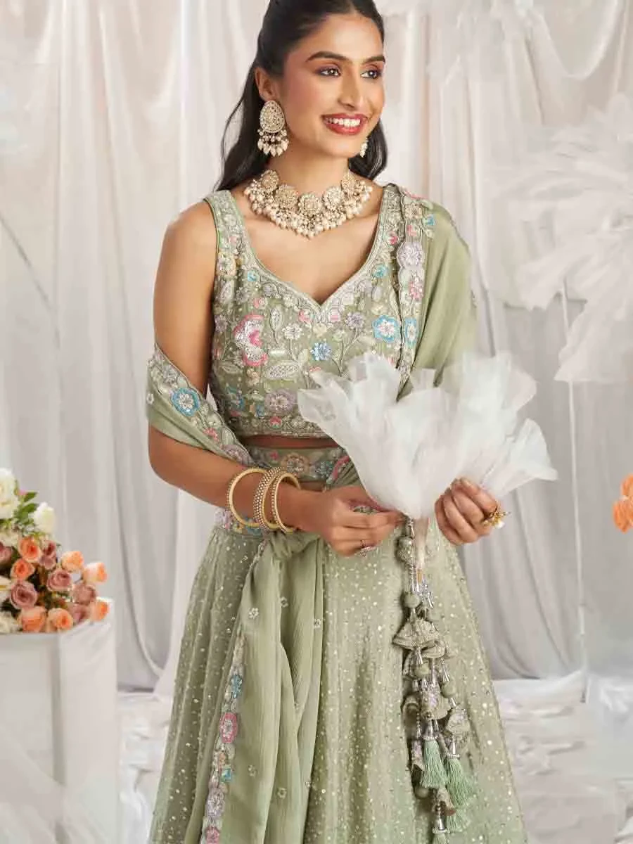 Lime Green Poly Chiffon Embroidered Wedding Bridesmaid Heavy Border Lehenga Choli