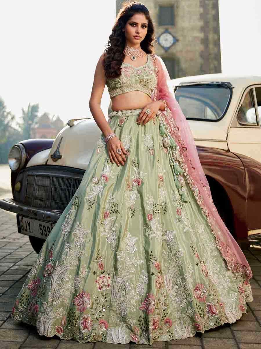 Lime Green Satin Embroidery Reception Party Wear Heavy Border Lehenga Choli