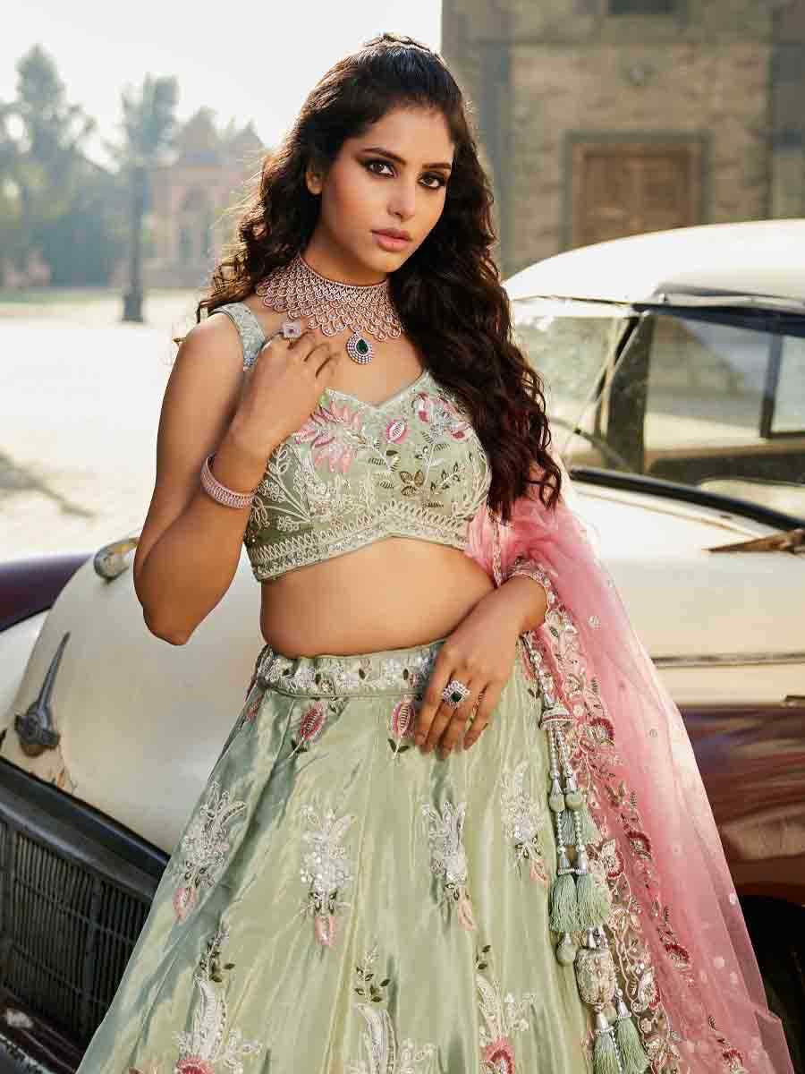 Lime Green Satin Embroidery Reception Party Wear Heavy Border Lehenga Choli