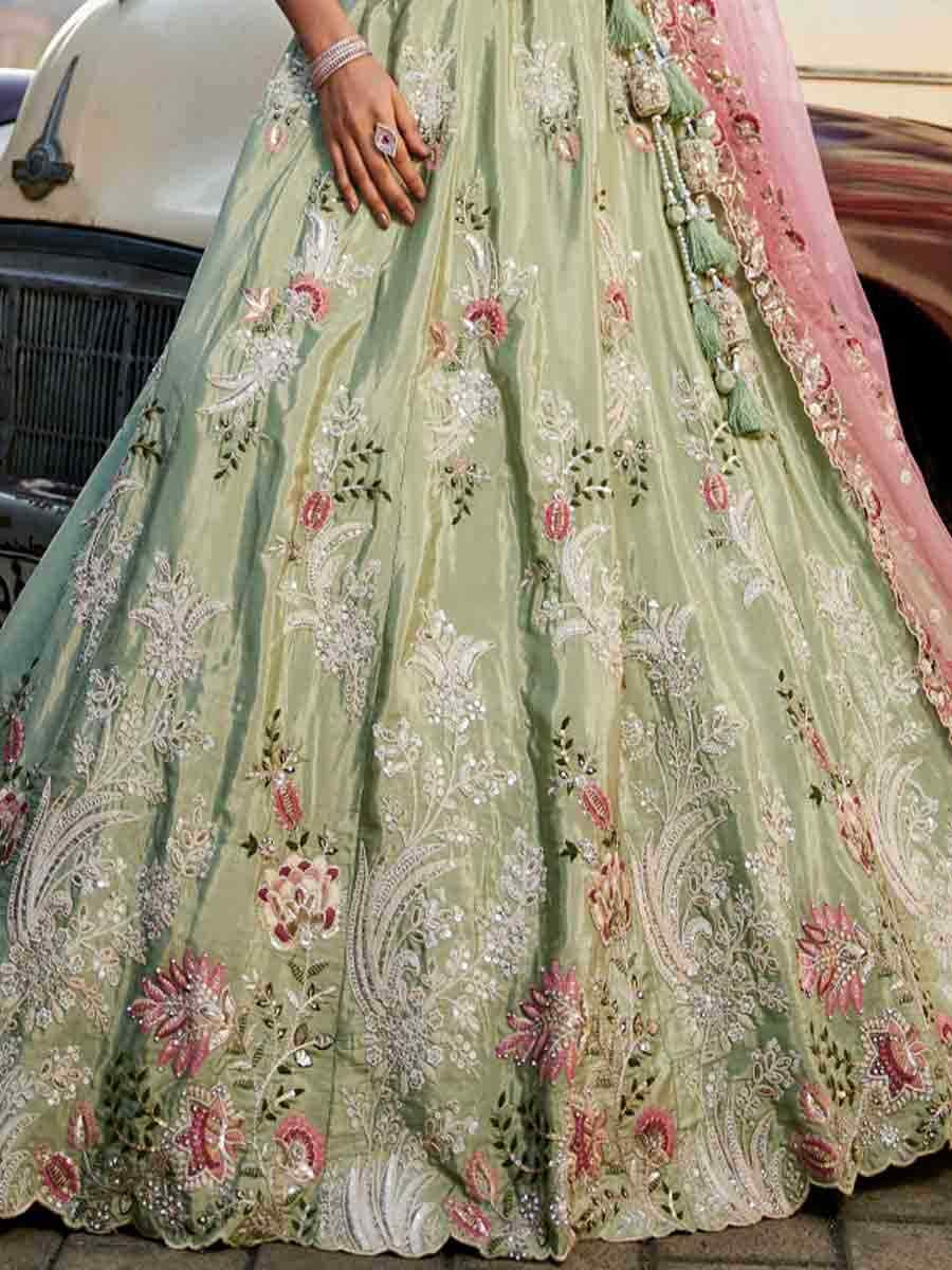 Lime Green Satin Embroidery Reception Party Wear Heavy Border Lehenga Choli