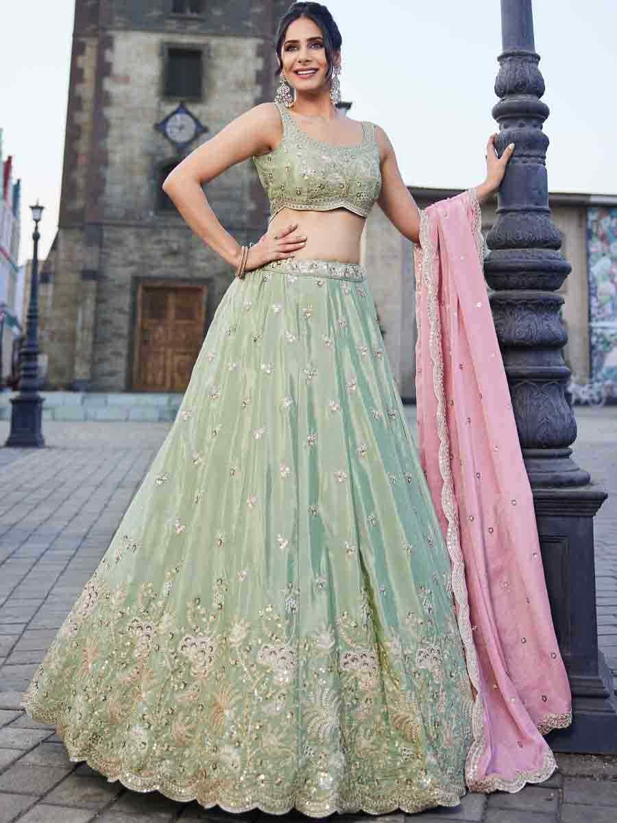 Lime Green Satin Embroidery Reception Party Wear Heavy Border Lehenga Choli