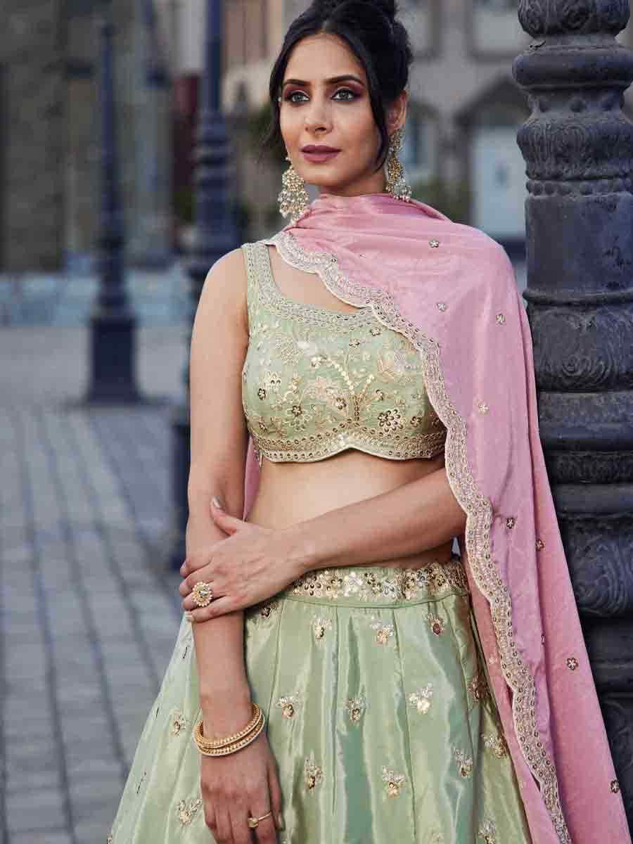 Lime Green Satin Embroidery Reception Party Wear Heavy Border Lehenga Choli