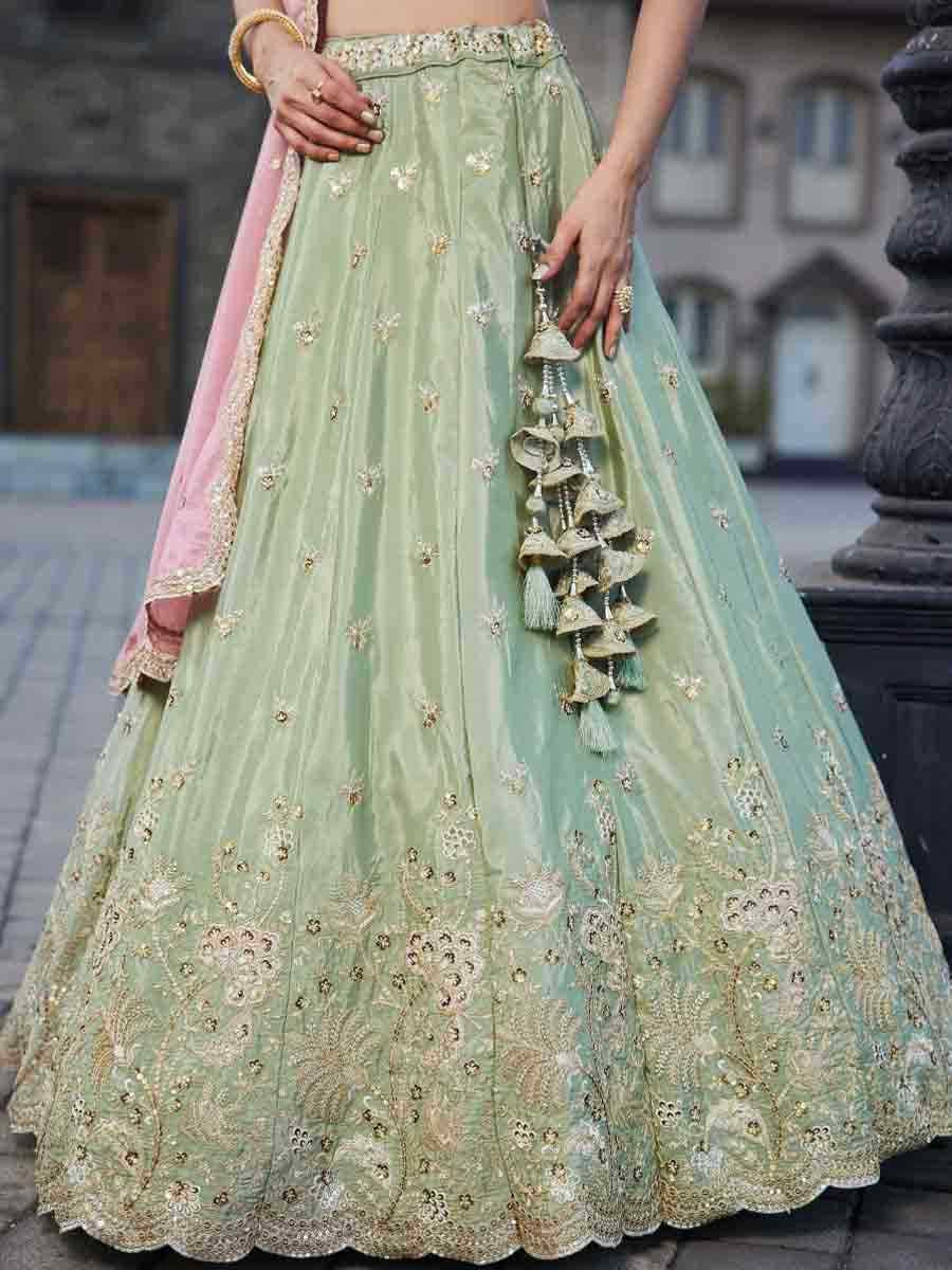 Lime Green Satin Embroidery Reception Party Wear Heavy Border Lehenga Choli