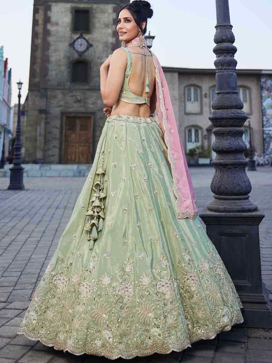 Lime Green Satin Embroidery Reception Party Wear Heavy Border Lehenga Choli