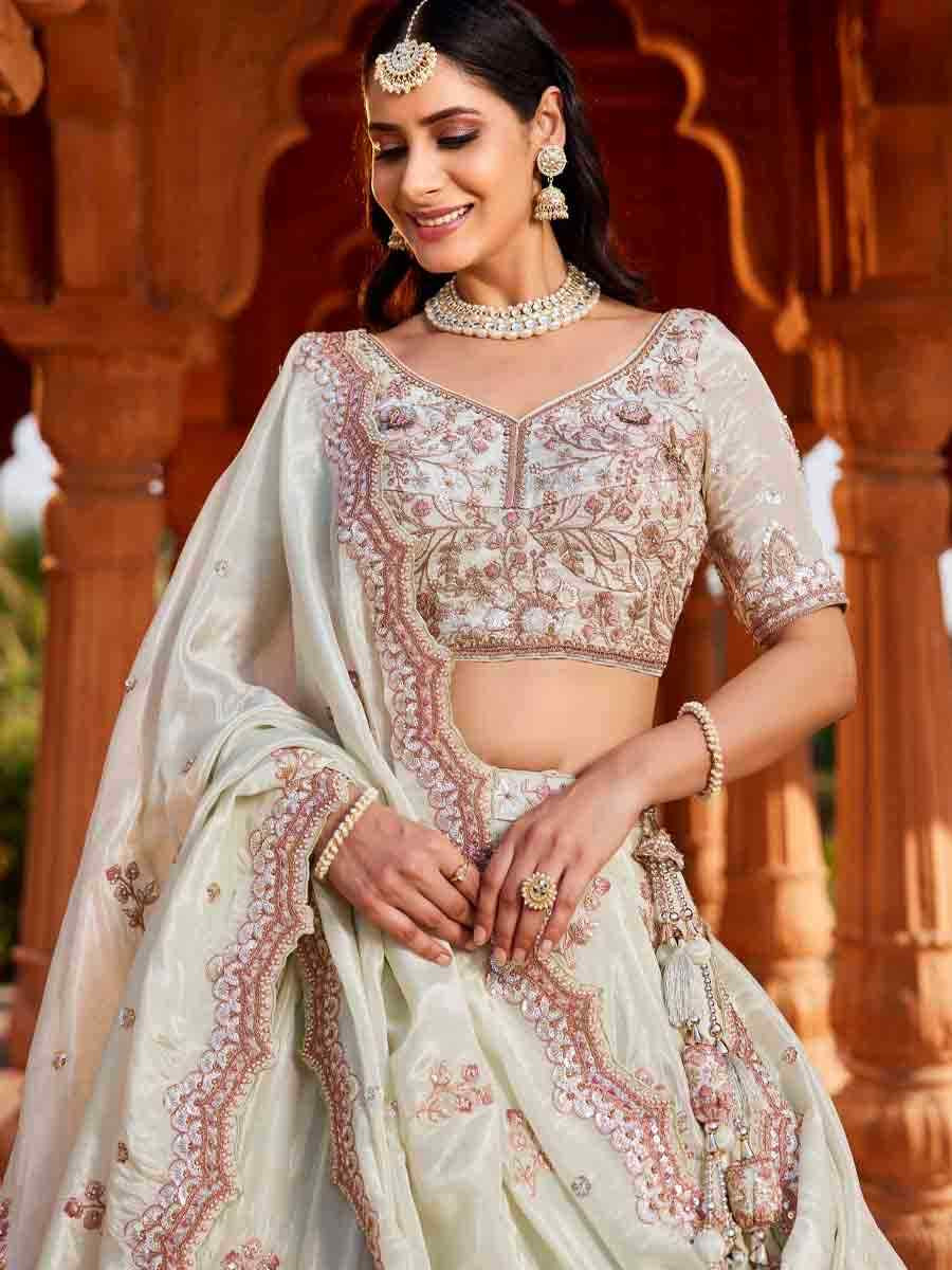 Lime Green Tissue Embroidery Reception Party Wear Heavy Border Lehenga Choli