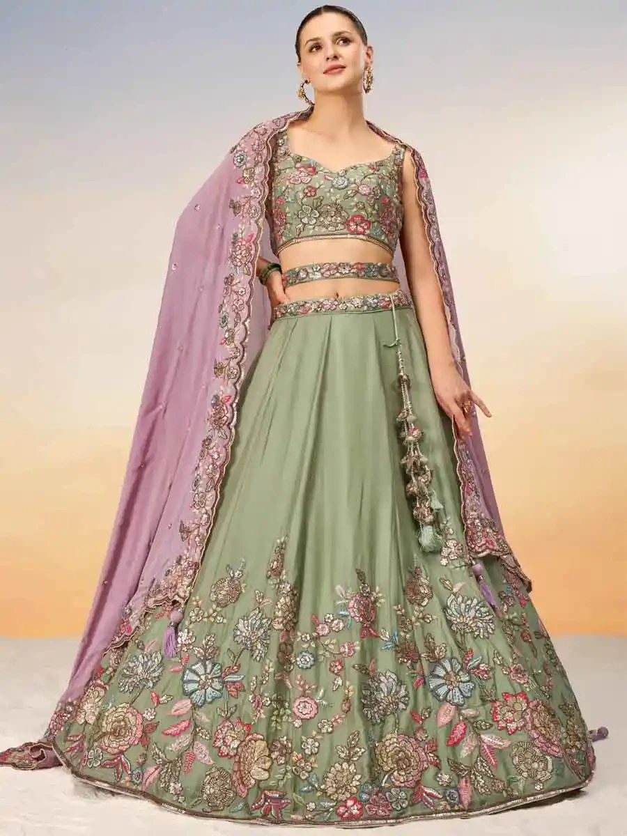 Limegreen Poly Georgette Embroidery Reception Party Wear Heavy Border Lehenga Choli