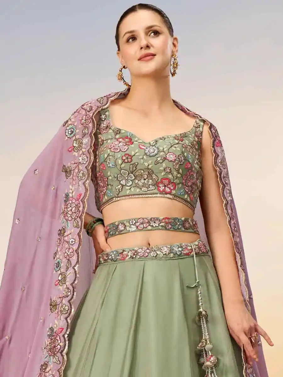 Limegreen Poly Georgette Embroidery Reception Party Wear Heavy Border Lehenga Choli