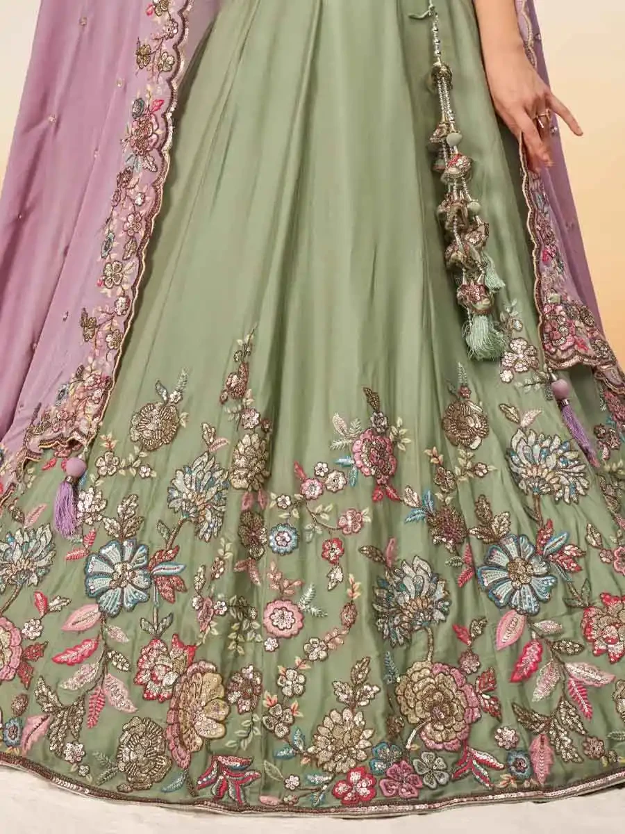 Limegreen Poly Georgette Embroidery Reception Party Wear Heavy Border Lehenga Choli