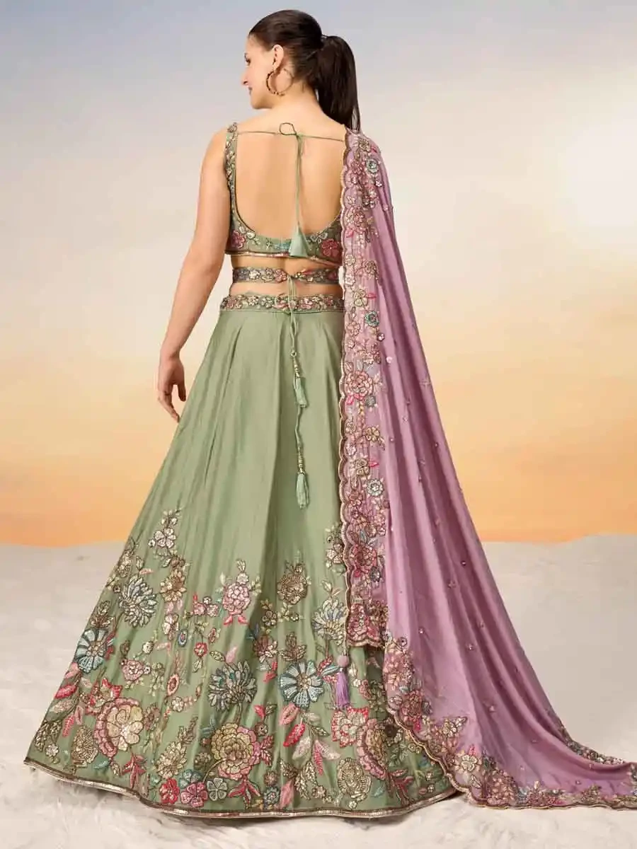 Limegreen Poly Georgette Embroidery Reception Party Wear Heavy Border Lehenga Choli