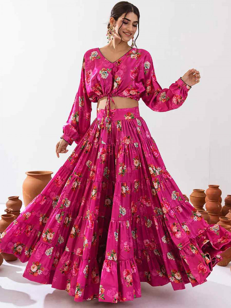 Magenta Heavy Chinon Printed Festival Festival Circular Lehenga Choli