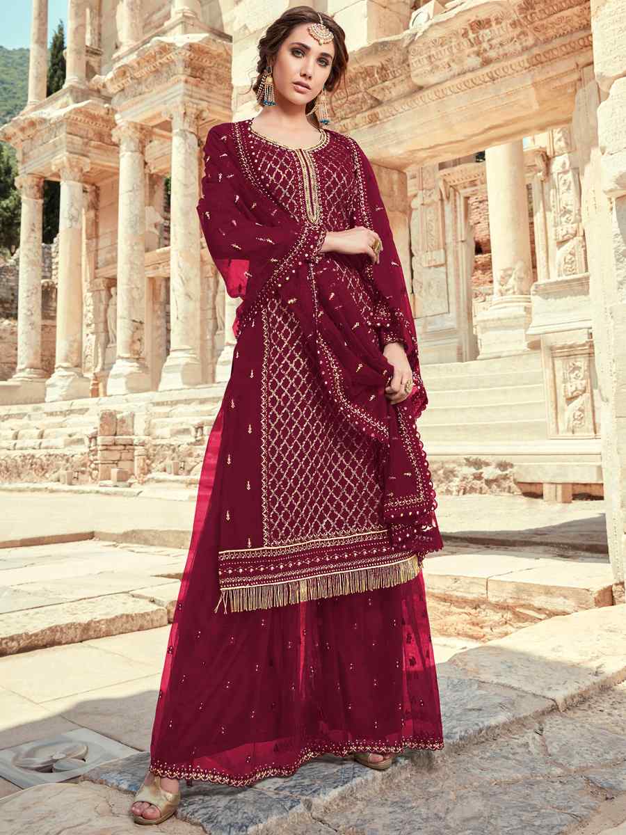 Magenta Heavy Faux Georgette Embroidered Festival Mehendi Palazzo Pant Salwar Kameez