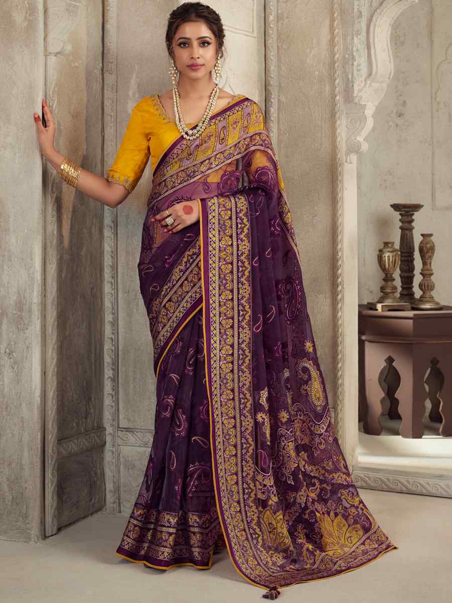 Magenta Organza Brasso Embroidered Festival Wedding Heavy Border Saree