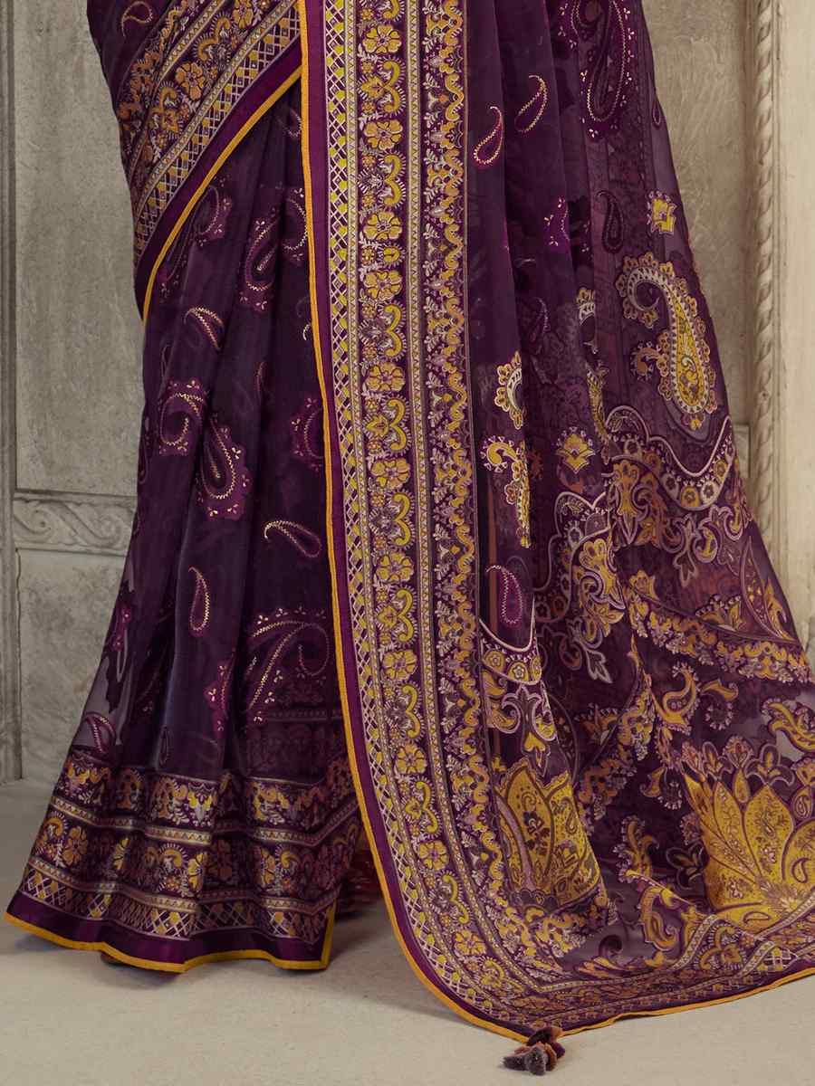 Magenta Organza Brasso Embroidered Festival Wedding Heavy Border Saree