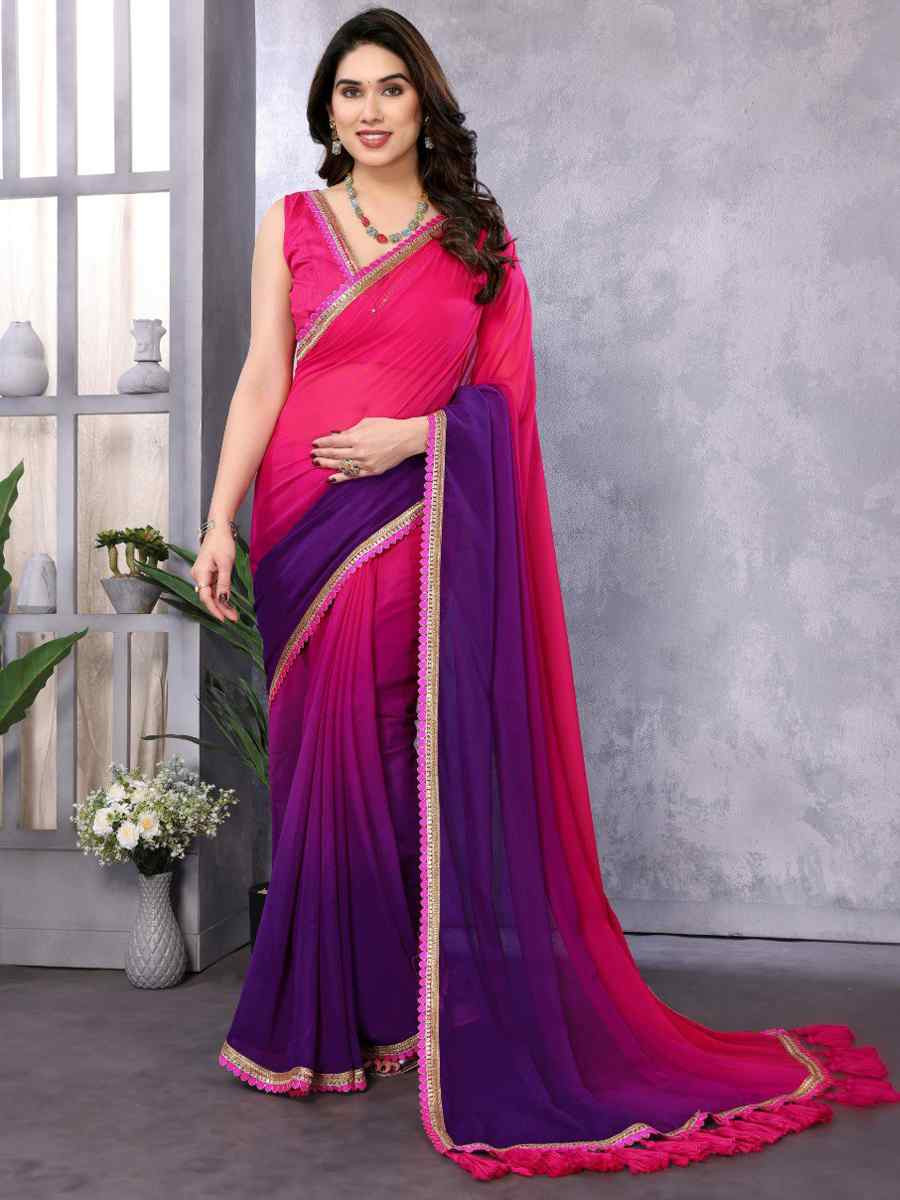 Magenta pink Faux Peding Georgette Handwoven Festival Wedding Heavy Border Saree