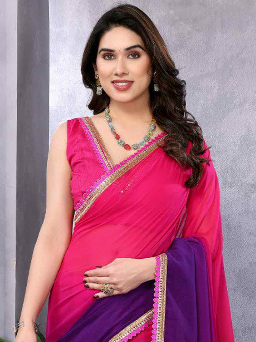 Magenta pink Faux Peding Georgette Handwoven Festival Wedding Heavy Border Saree