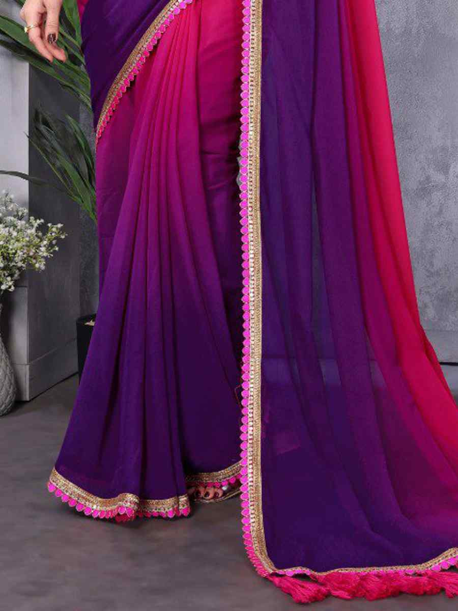 Magenta pink Faux Peding Georgette Handwoven Festival Wedding Heavy Border Saree