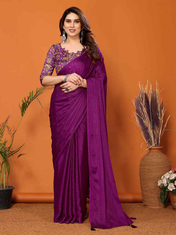 Magenta Polyster Printed Festival Party Contemporary Saree