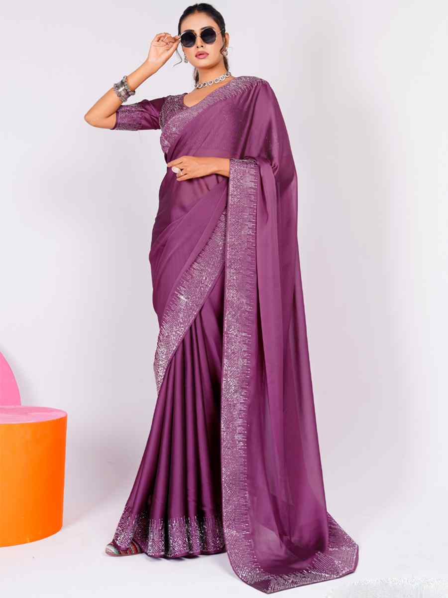 Magenta Rangoli Embroidered Wedding Party Heavy Border Saree