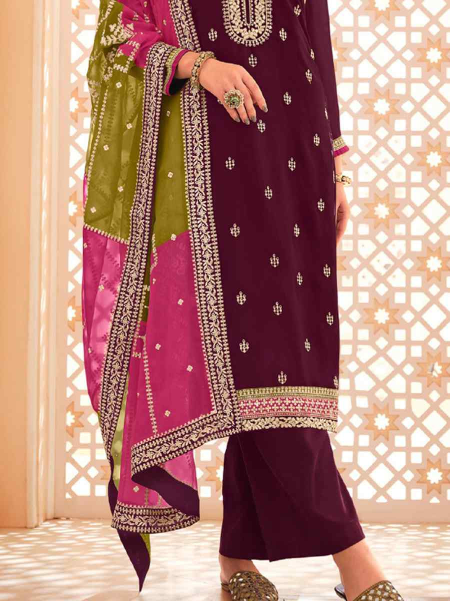 Magenta Wine Premium Organza Embroidered Festival Wedding Pant Salwar Kameez