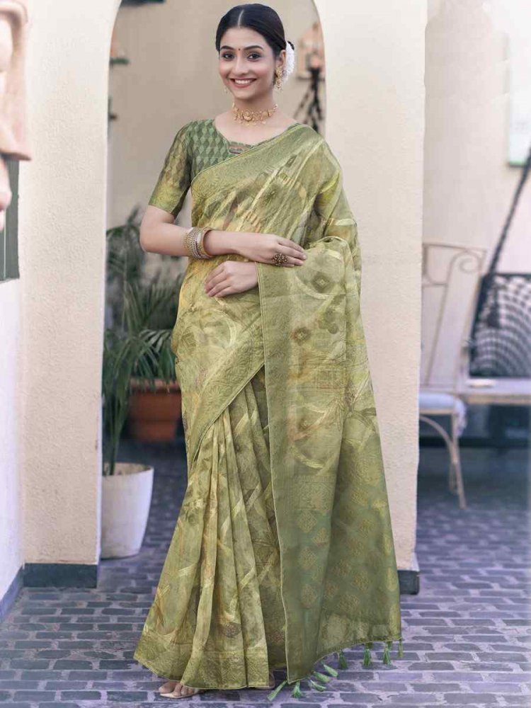 Mahendi Green Tissue Organza Silk Handwoven Festival Wedding Heavy Border Saree