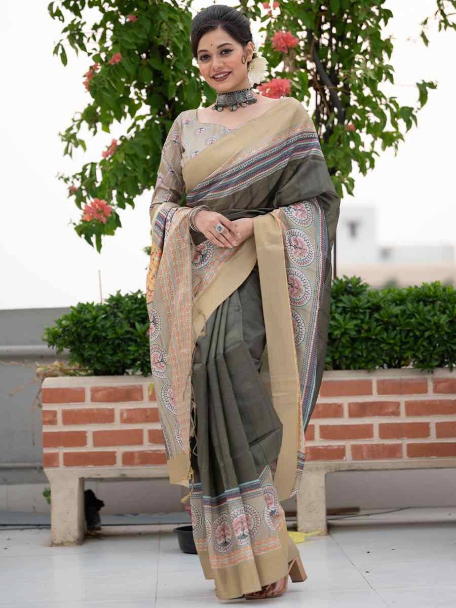 Mahendi Soft Tussar Silk Handwoven Casual Festival Heavy Border Saree