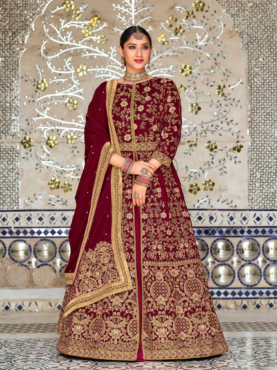 Maroon 9000 Velvet  Embroidered Festival Wedding Anarkali Salwar Kameez