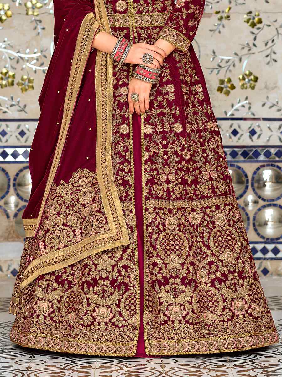 Maroon 9000 Velvet  Embroidered Festival Wedding Anarkali Salwar Kameez