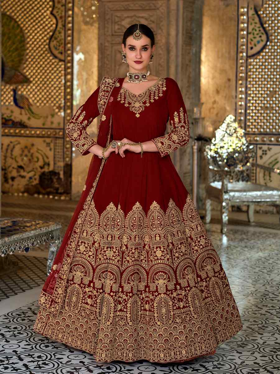 Maroon 9000 Velvet  Embroidered Festival Wedding Anarkali Salwar Kameez