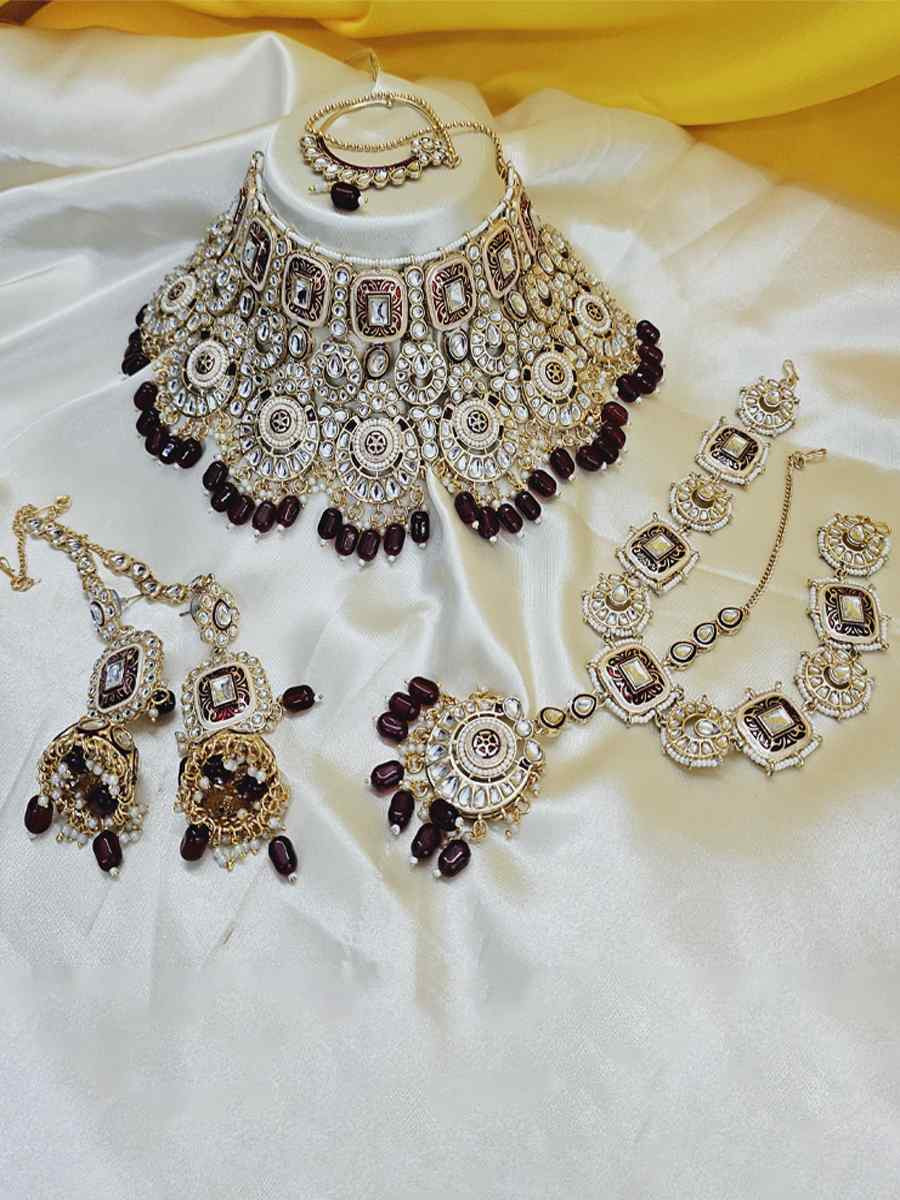 Maroon Alloy Bridal Wear Kundan Necklace