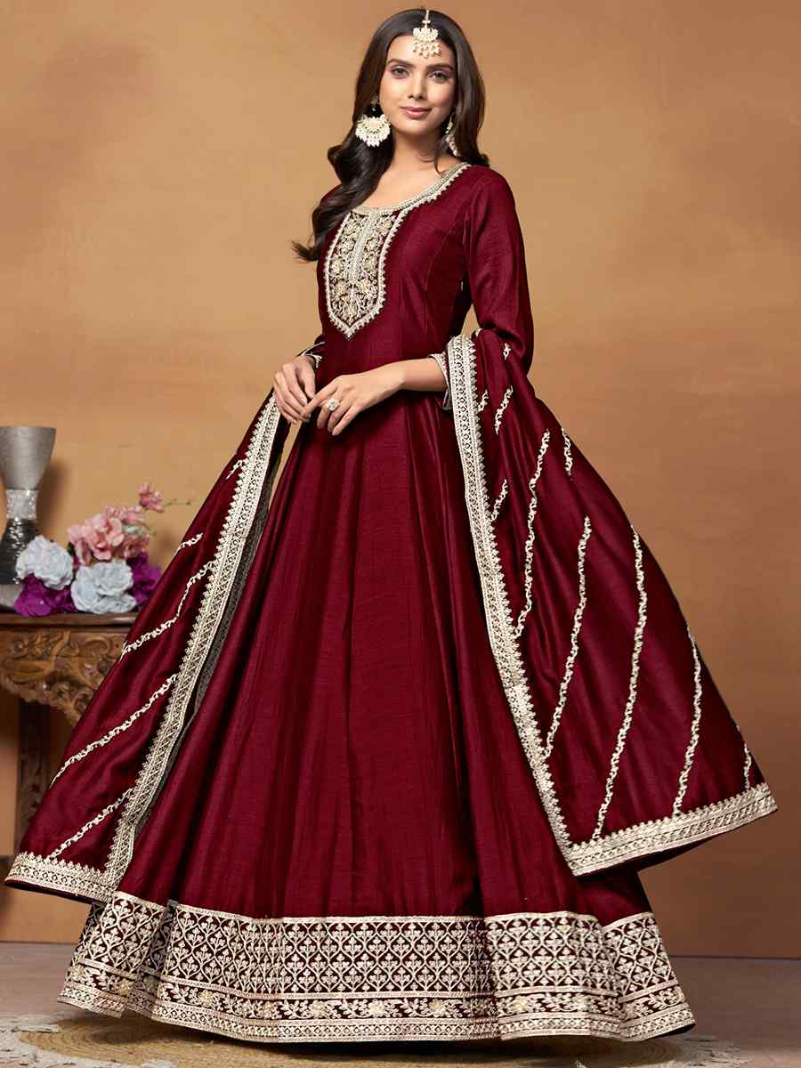 Maroon Art Silk Embroidered Festival Mehendi Anarkali Salwar Kameez